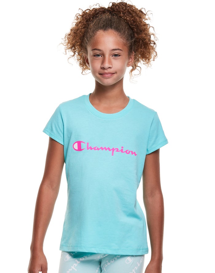 Champion Girls T-Shirt NZ - Classic Script Logo Turquoise ( 4369-DEPFS )